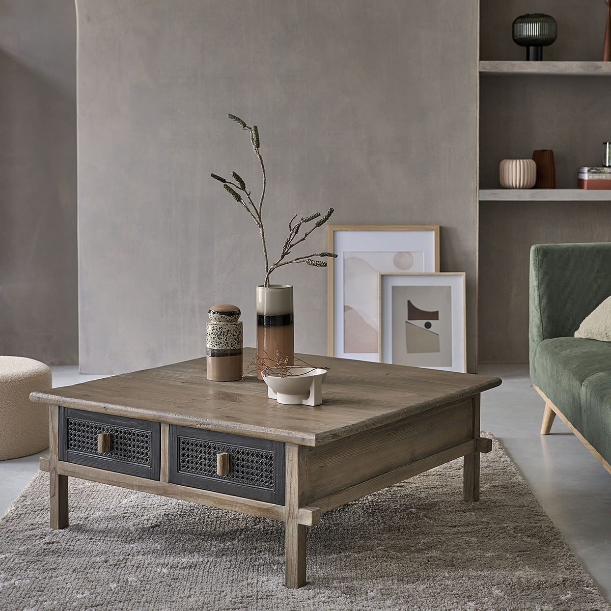 Berah Getah JUNKO table basse pin recyclé 100 cm 4 tiroirs