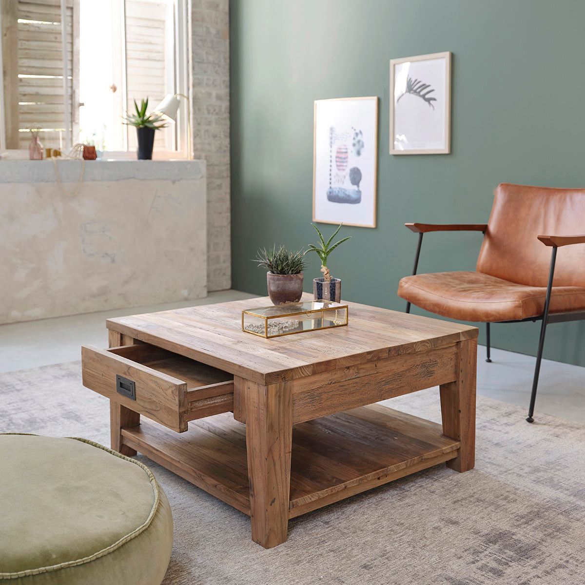 Berah Getah Cargo table basse teck recyclé 80 cm tiroir