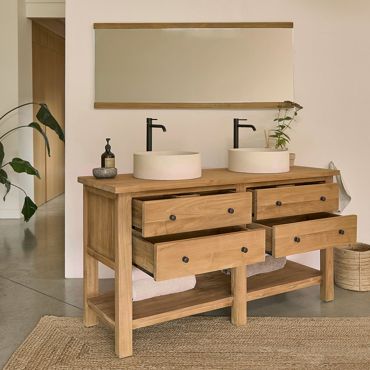 Berah Getah Salle de bain meuble teck 150 cm 4 tiroirs