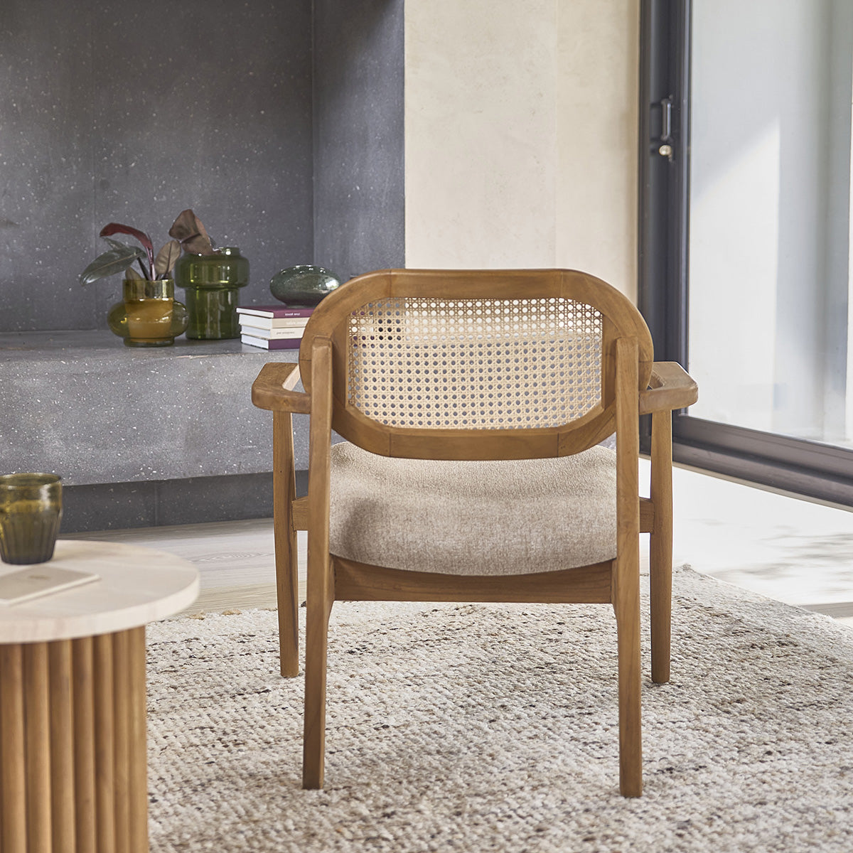 Berah Getah Sabi fauteuil teck cannage velours grège