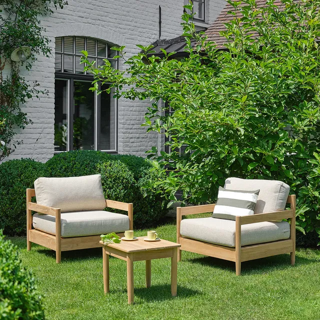 Berah Getah CALVI salon bas teck 2 pers. coussins beige chiné