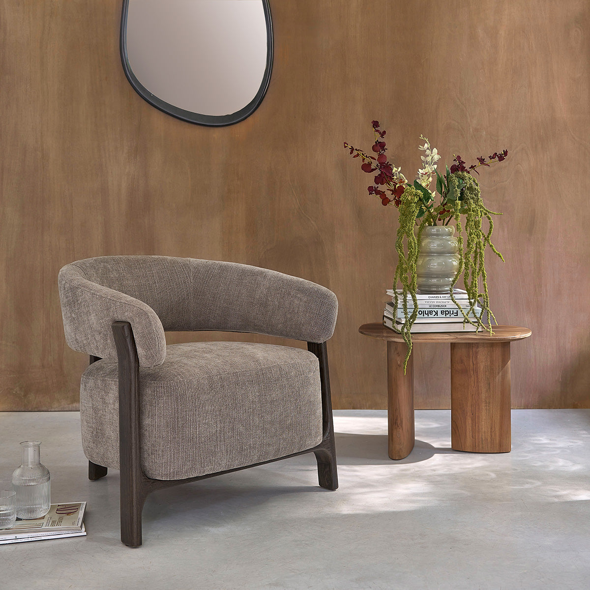 Berah Getah Salon Henri Fauteuil chêne chenille taupe