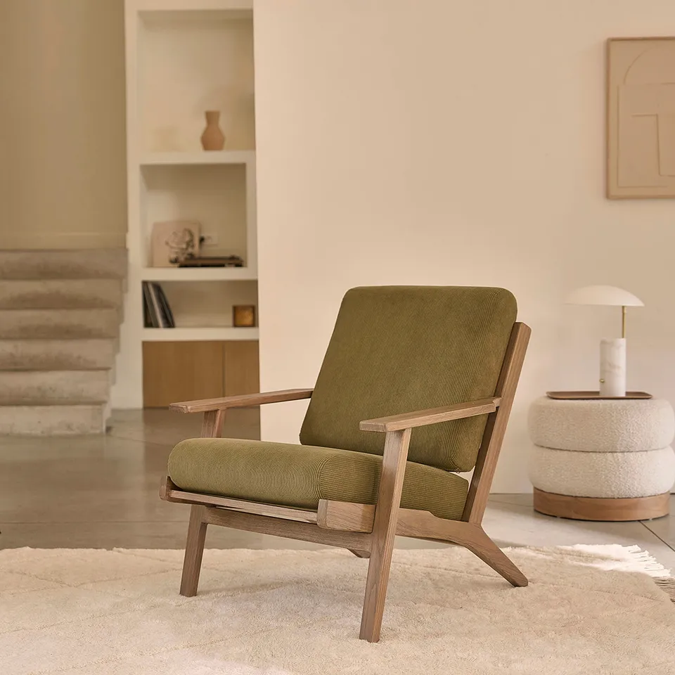 Berah Getah Achille fauteuil mindi velours vert olive