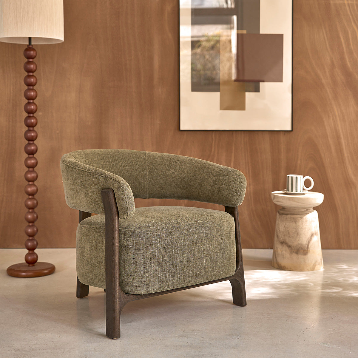 Berah Getah Henri fauteuil chêne chenille kaki noyer