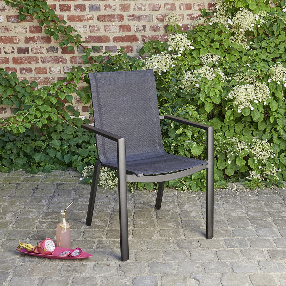 Berah Getah Jardin fauteuil jardin aluminium textilène gris empilable