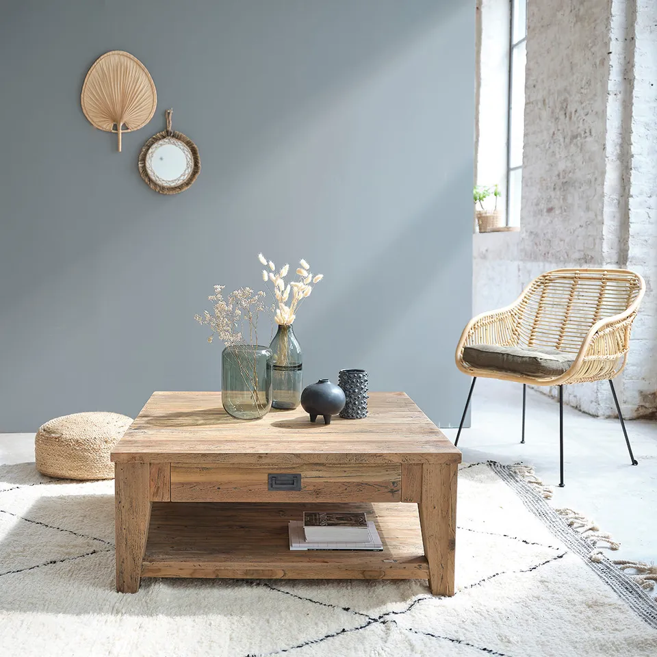 Berah Getah Cargo table basse teck recyclé 100 cm tiroir