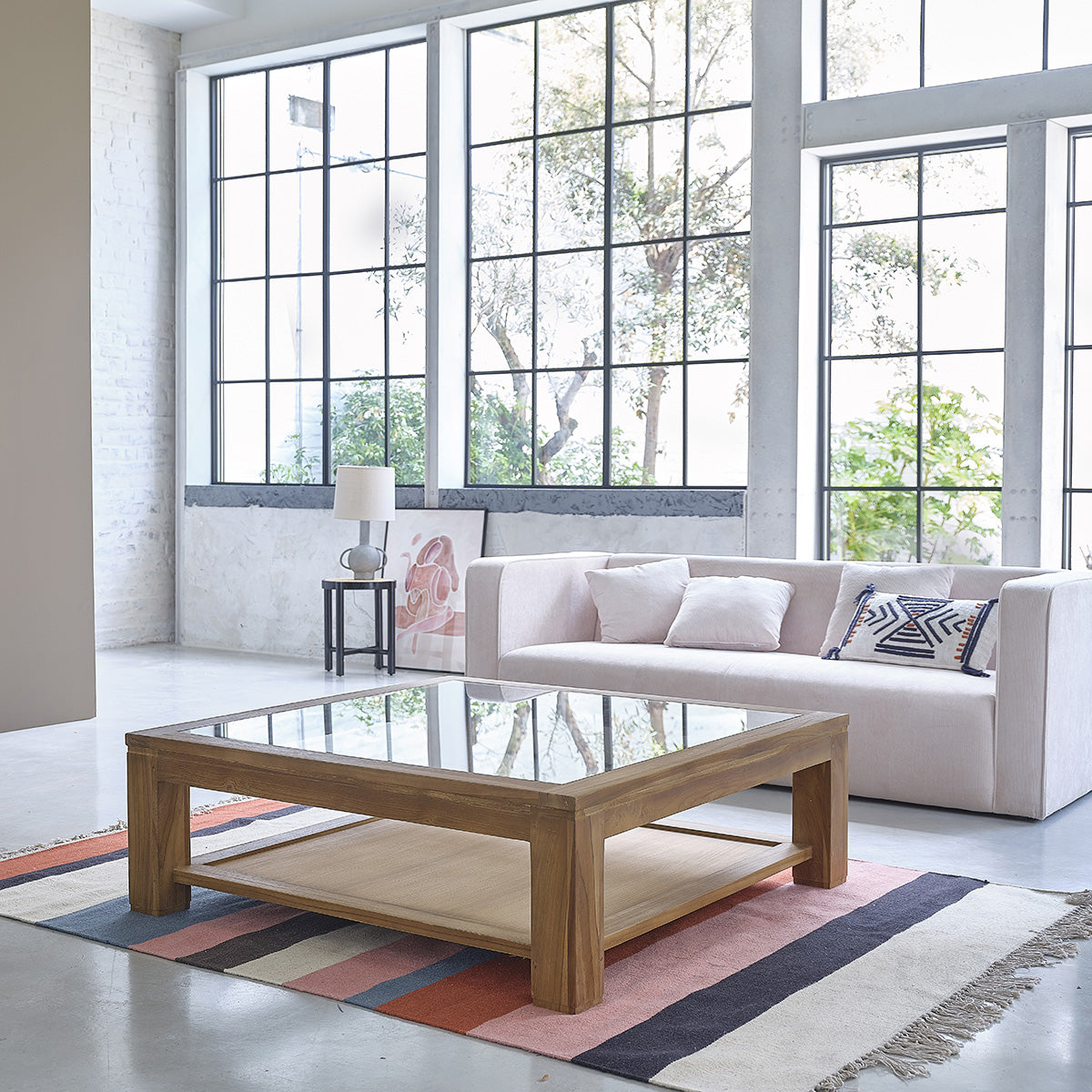 Berah Getah Boston table basse teck 120 cm verre