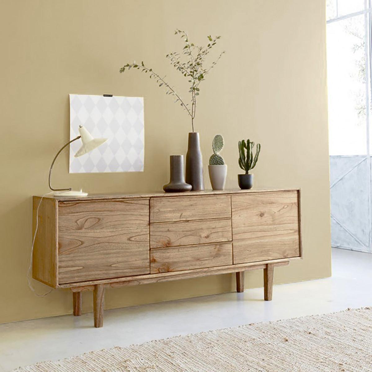 Berah Getah Fifties buffet bois 180 cm mindi 3 tiroirs