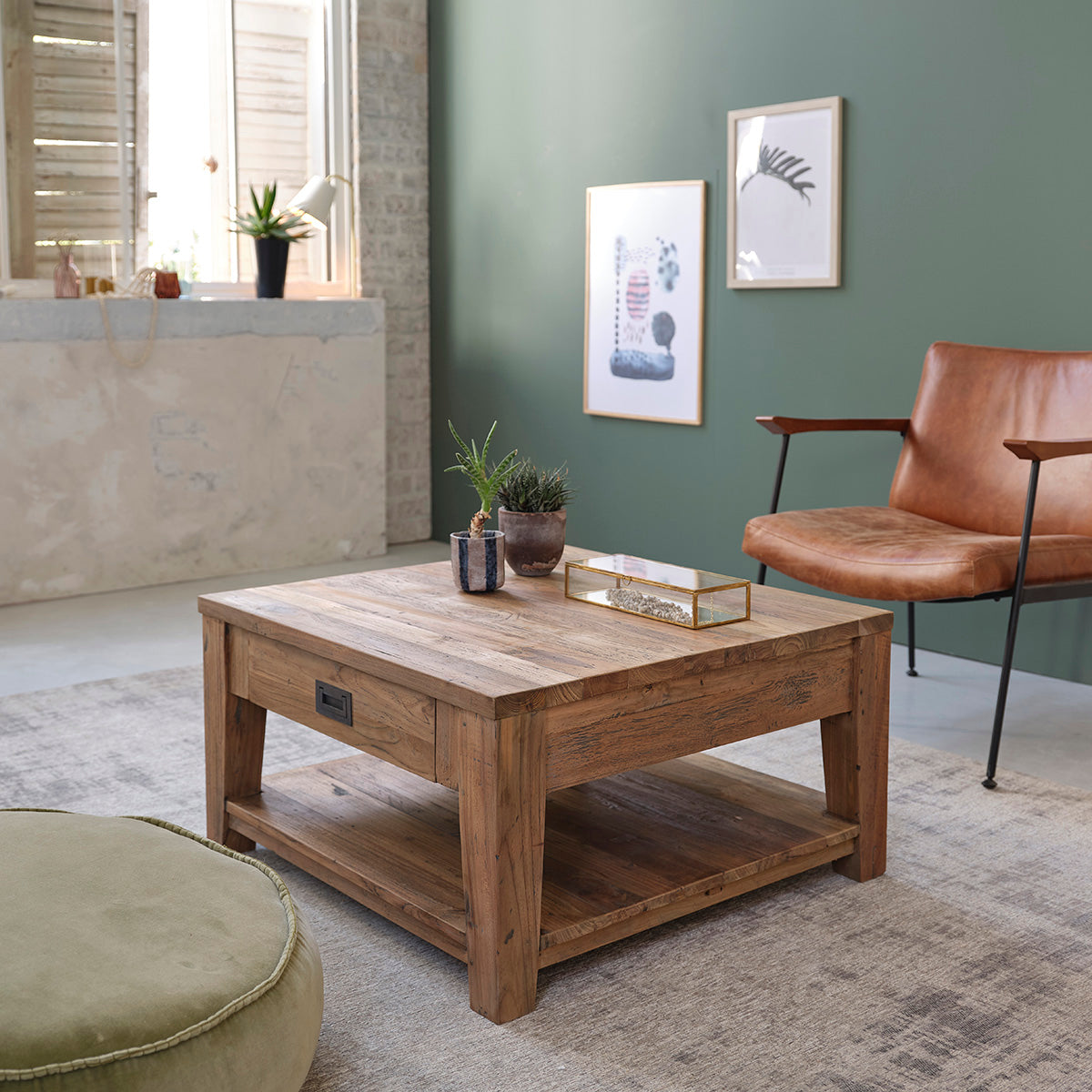 Berah Getah Cargo table basse teck recyclé 80 cm tiroir
