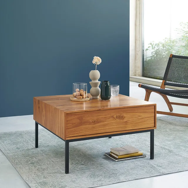 Berah Getah LINA Table basse teck métal 70 cm 2 tiroirs