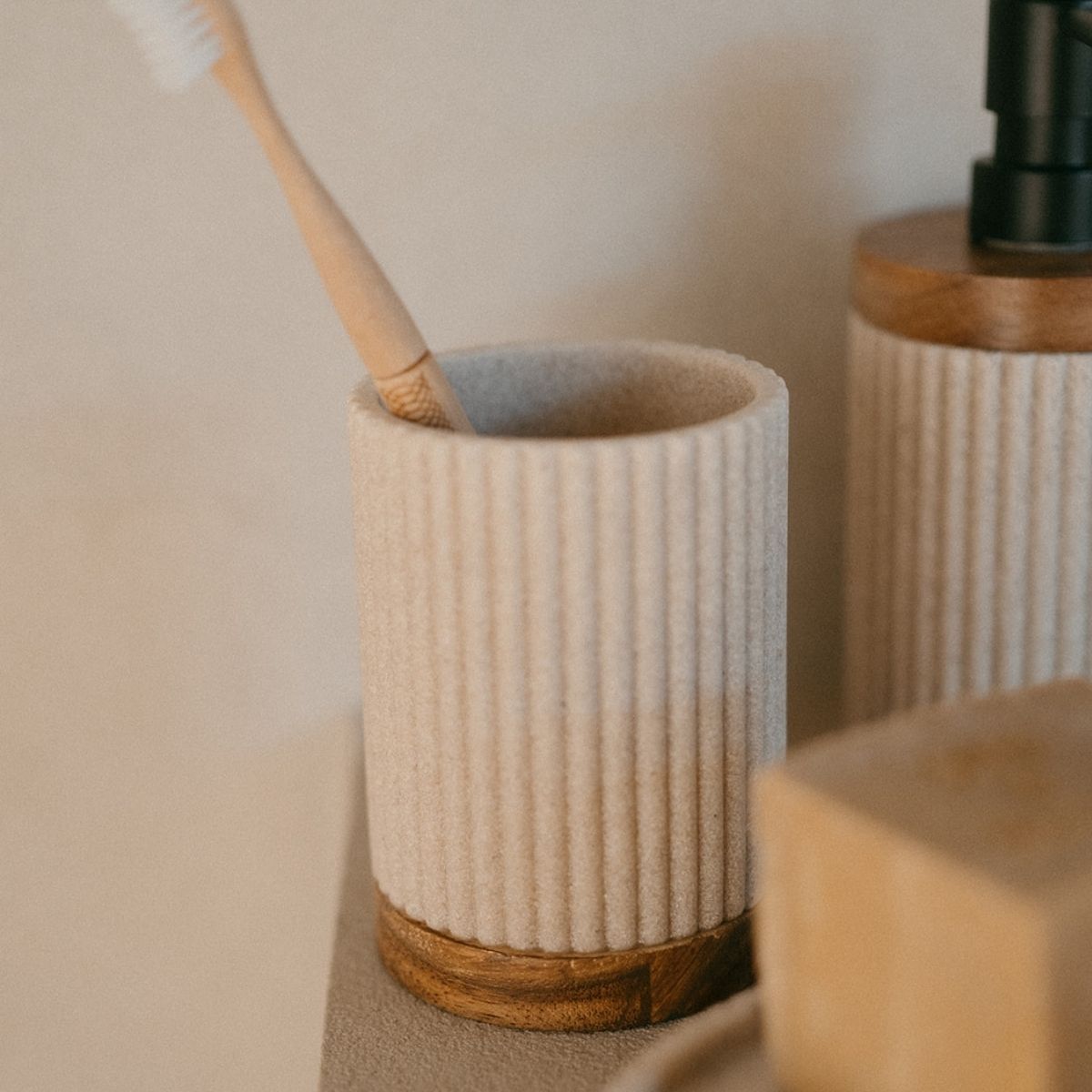 Andrea House porte-brosses bois résine beige
