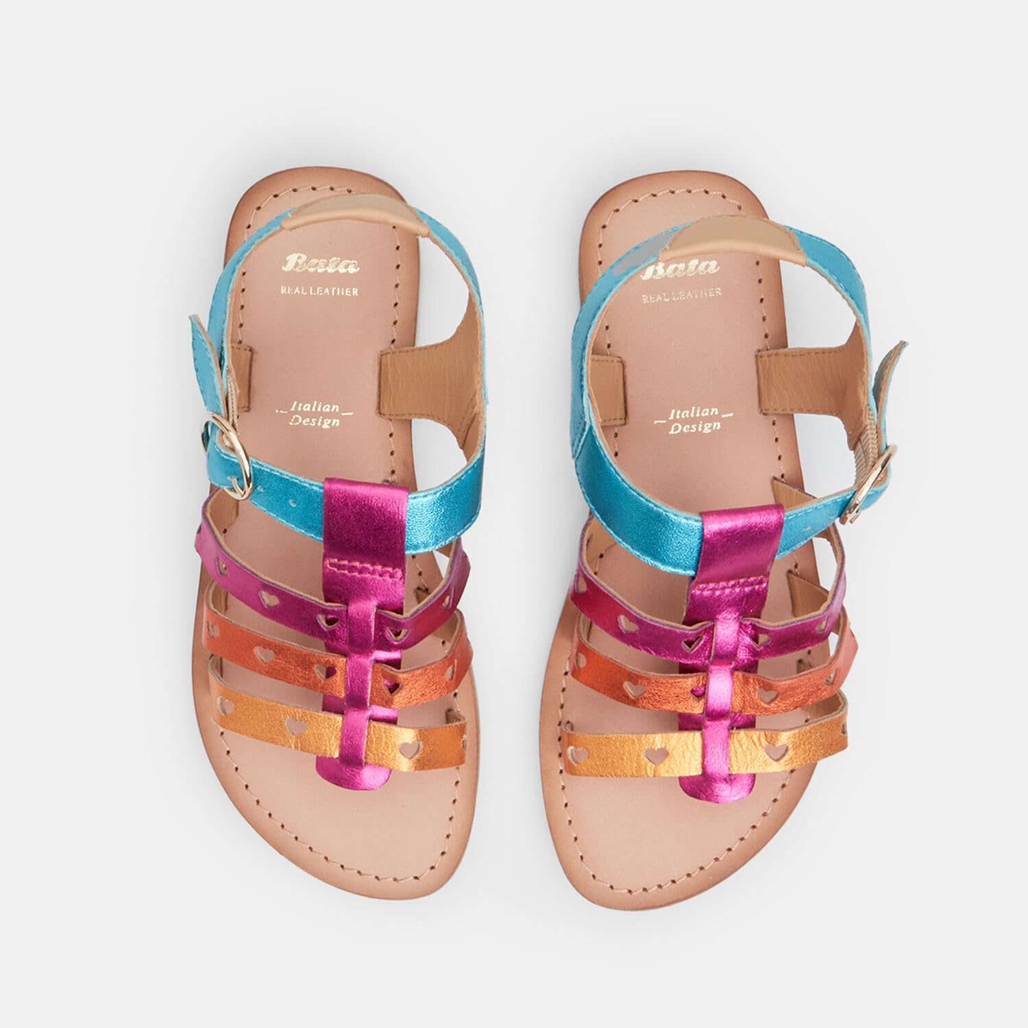 Bata sandales fille cuir T-bar multicolore coeurs