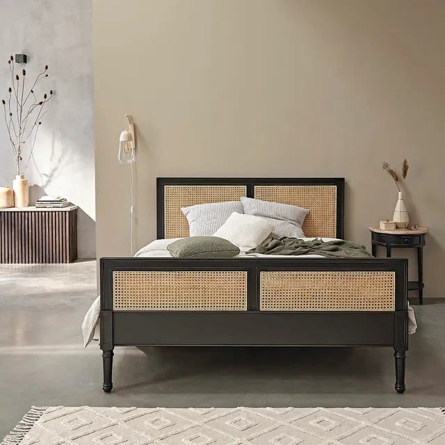 Berah Getah Soho lit cannage acajou 160 cm avec sommier