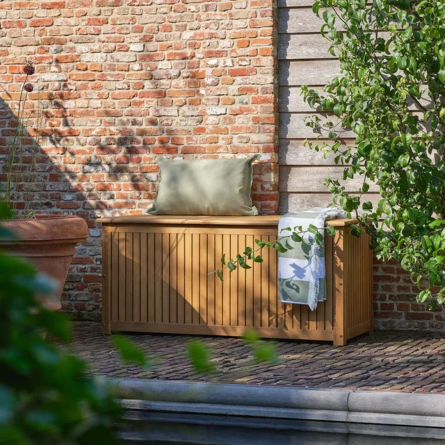 Berah Getah Milos coffre de jardin acacia huilé assise
