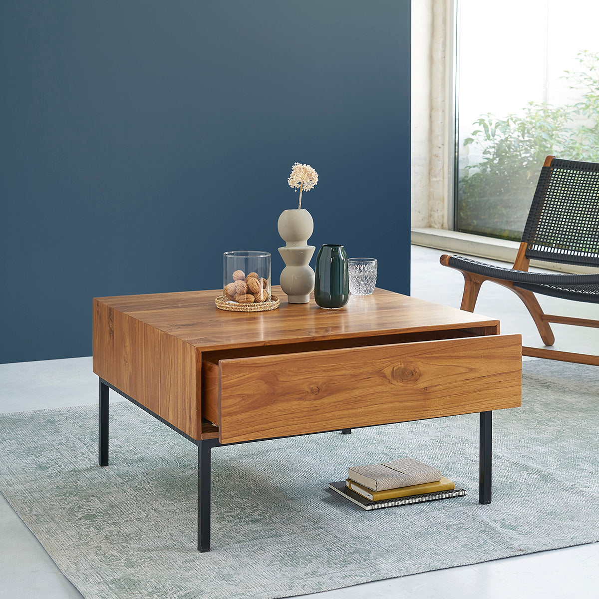 Berah Getah LINA Table basse teck métal 70 cm 2 tiroirs