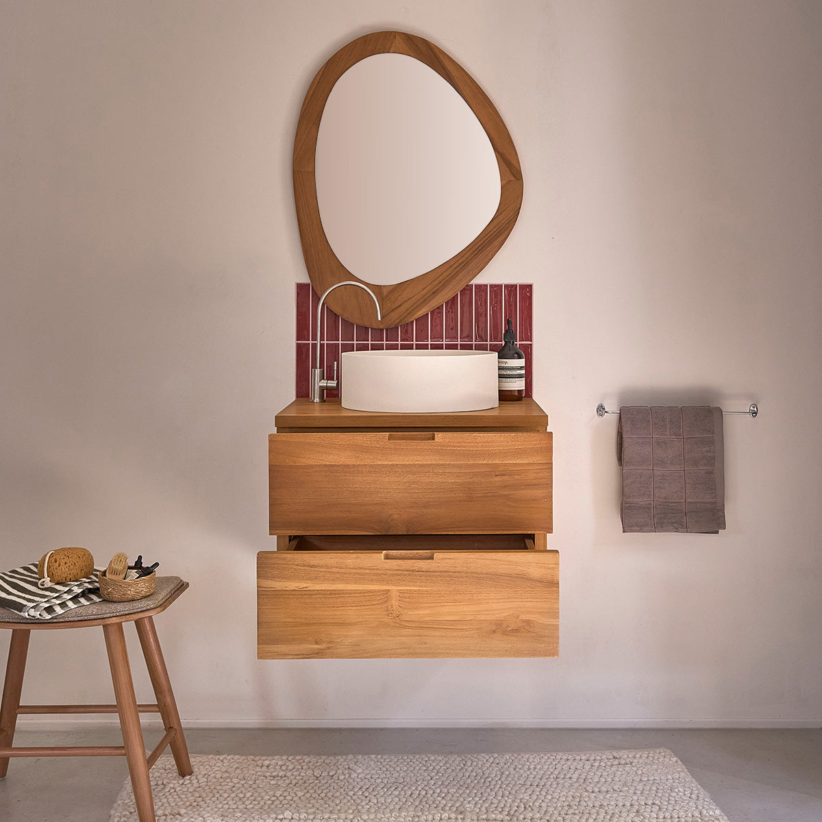 Berah Getah MAË meuble vasque teck suspendu 60 cm 2 tiroirs