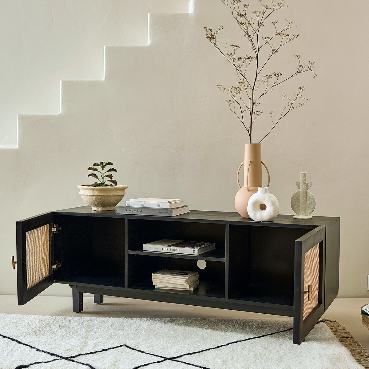 Berah Getah Salon meuble TV manguier noir cannage 140 cm