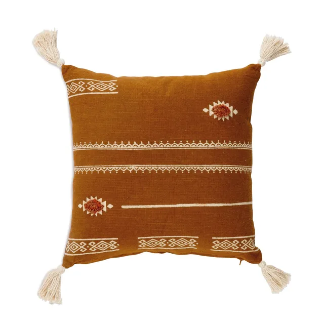 Andrea House coussin pompons marron ethnique coton 45x45