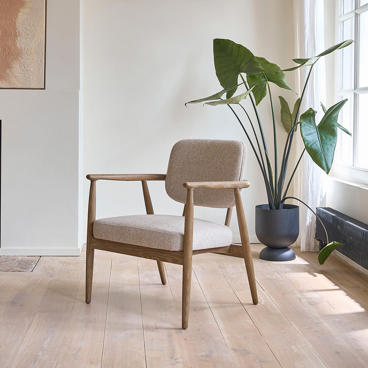 Berah Getah Salon fauteuil chêne tissu beige chiné