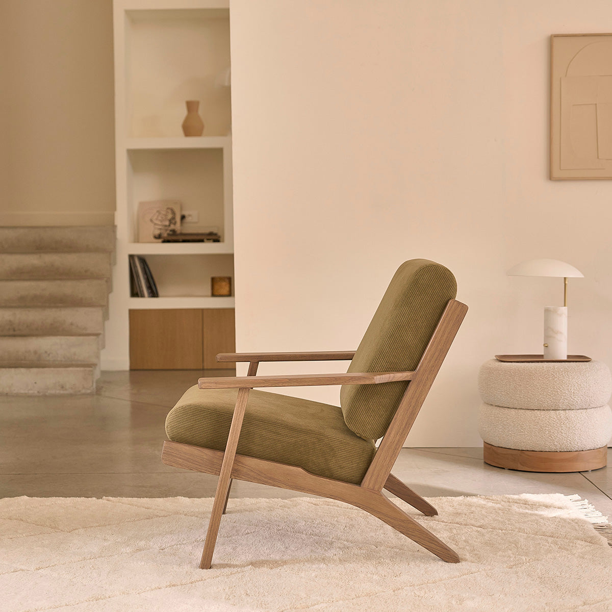 Berah Getah Achille fauteuil mindi velours vert olive