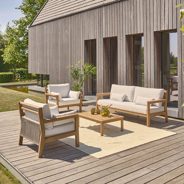 Berah Getah Maora salon jardin bas teck coussins grège