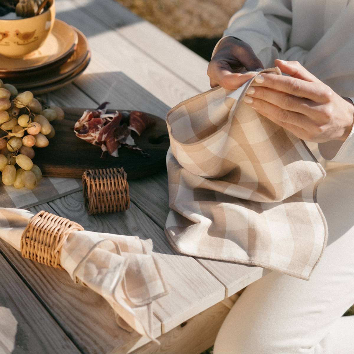Andrea House Cocina set 2 serviettes table lin beige vichy