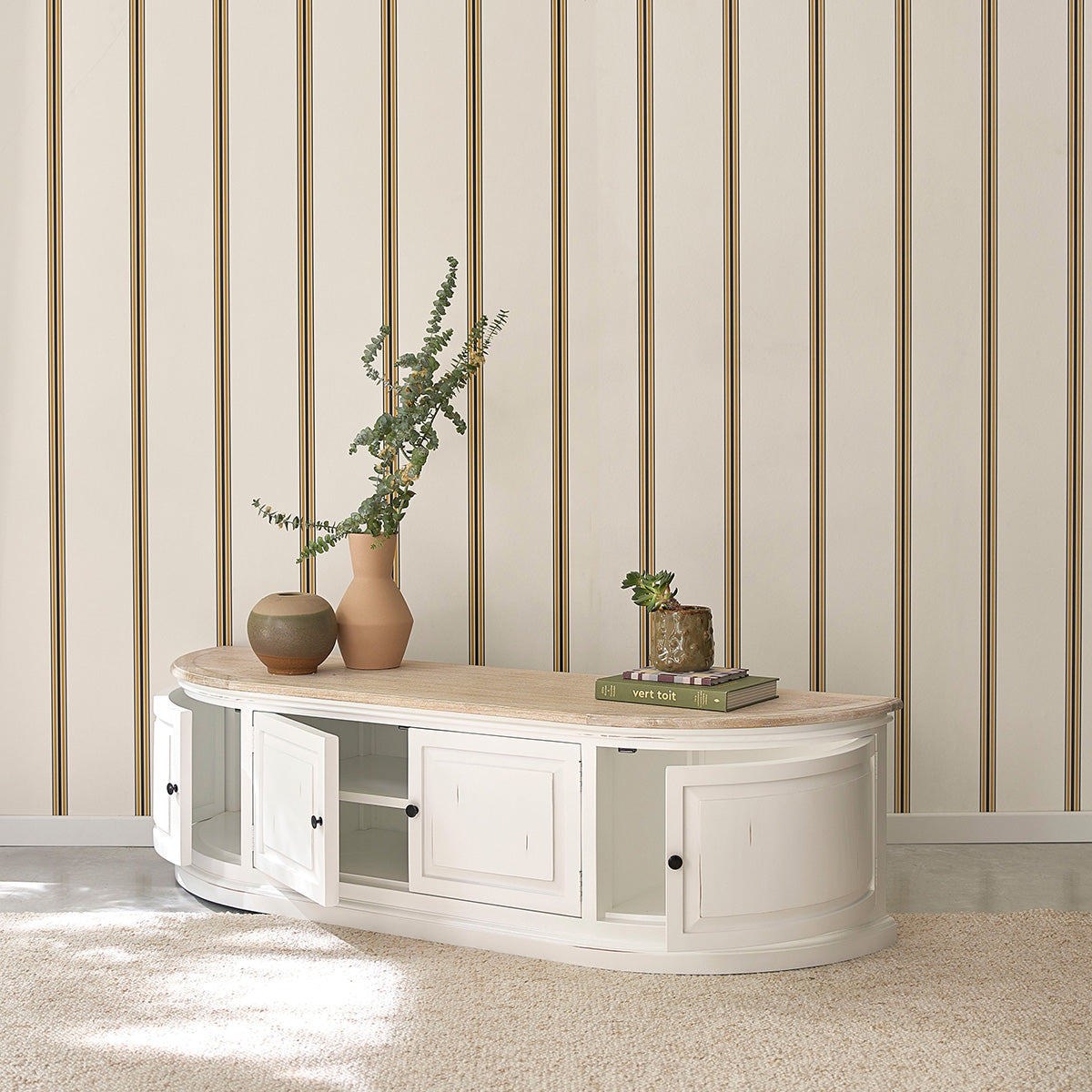 Berah Getah DEMEURE meuble TV bois 160 cm blanc 4 portes