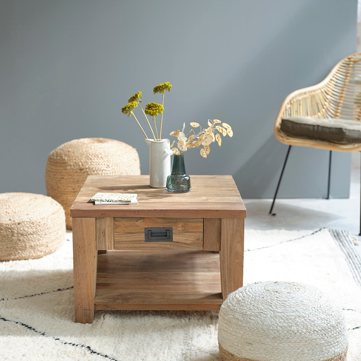 Berah Getah Cargo table basse teck recyclé 60 cm tiroir