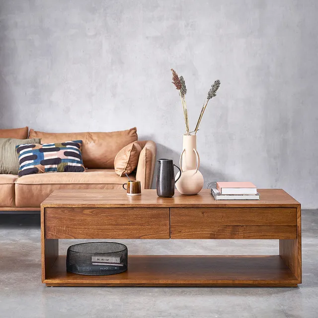 Berah Getah Milo table basse bois 140 cm noyer 4 tiroirs