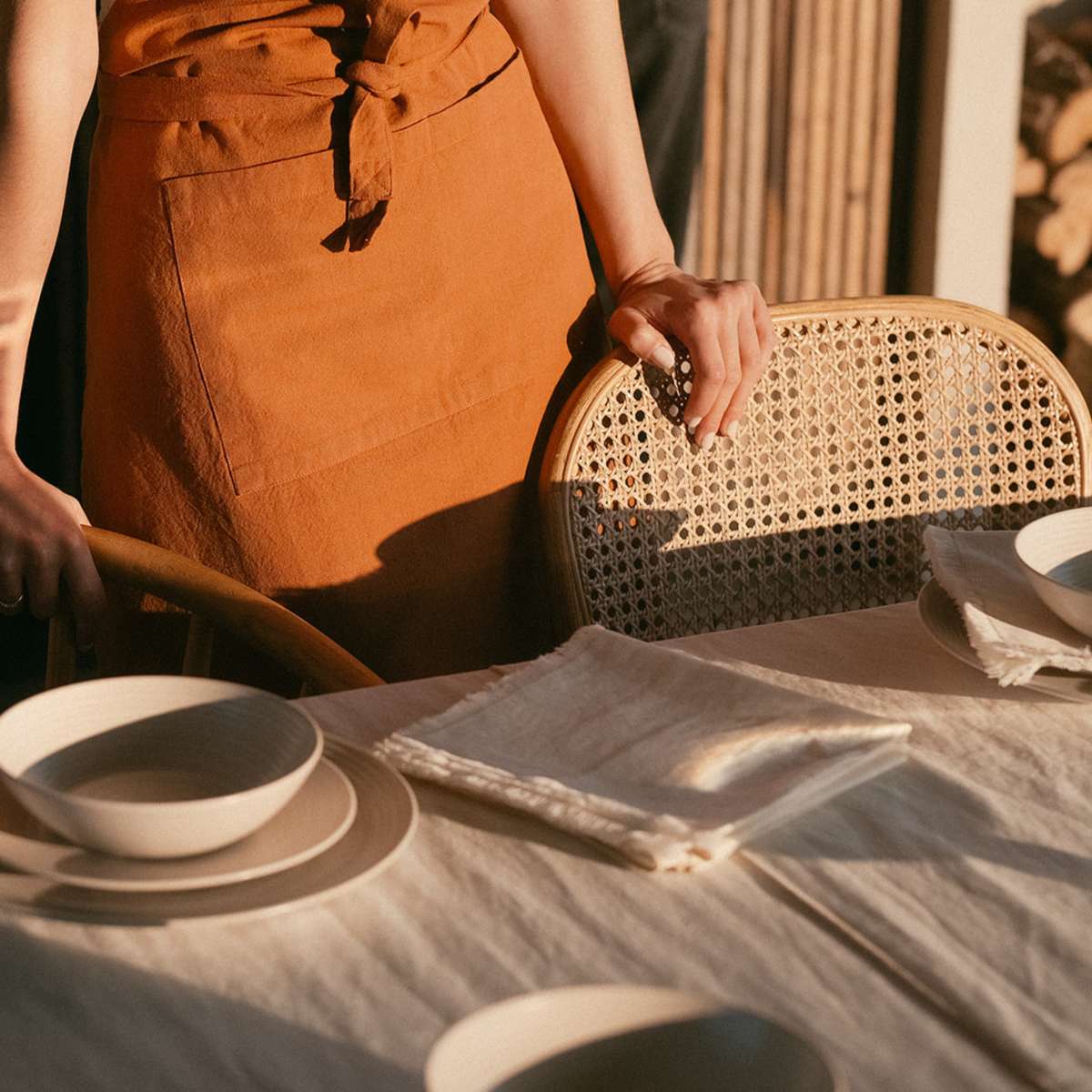 Andrea House set 2 serviettes table lin beige franges