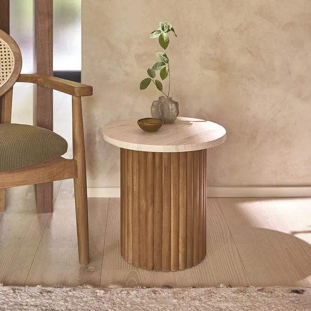 Berah Getah COLINE table dappoint teck marbre ronde