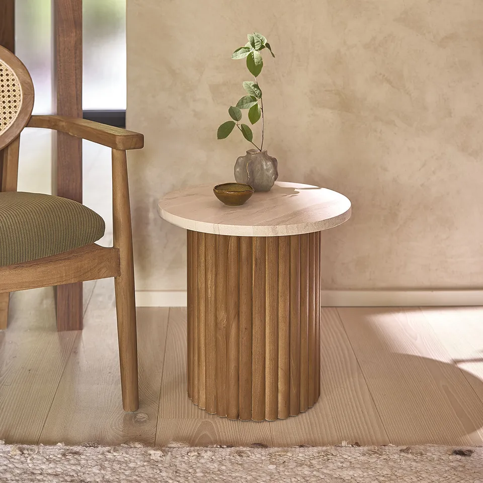 Berah Getah COLINE table dappoint teck marbre ronde