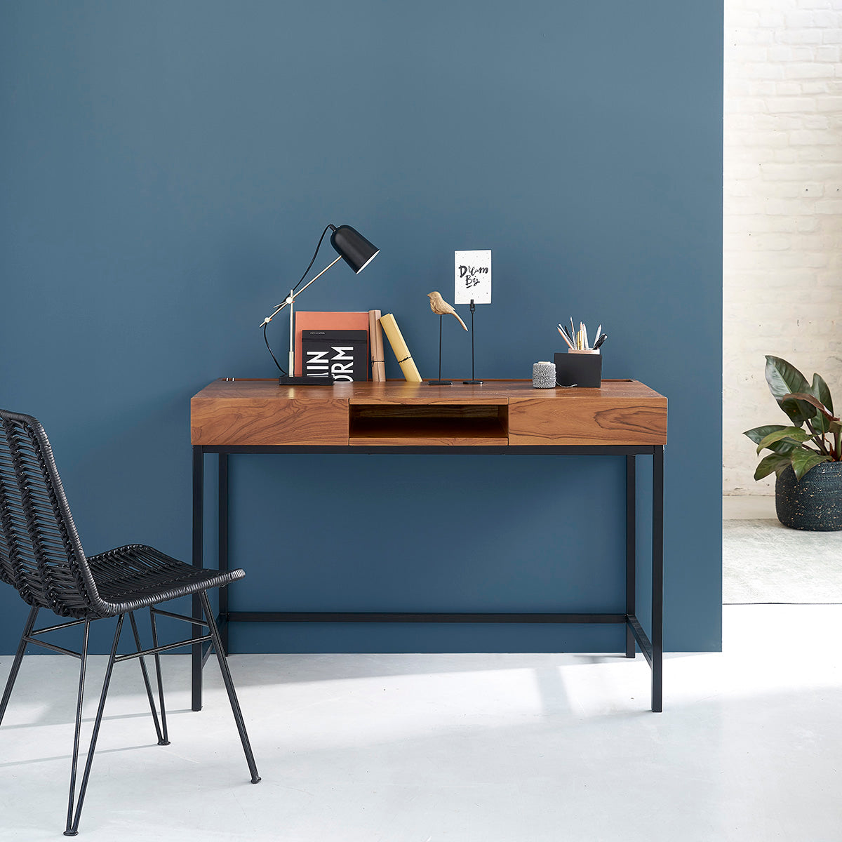 Berah Getah Lina bureau teck métal 120 cm industriel