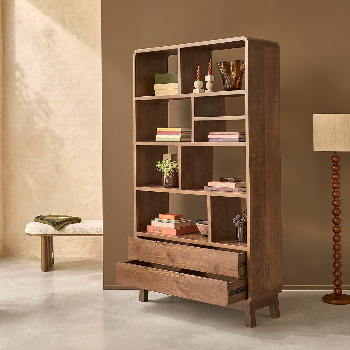 Berah Getah Nova bibliothèque manguier massif 118 cm 2 tiroirs