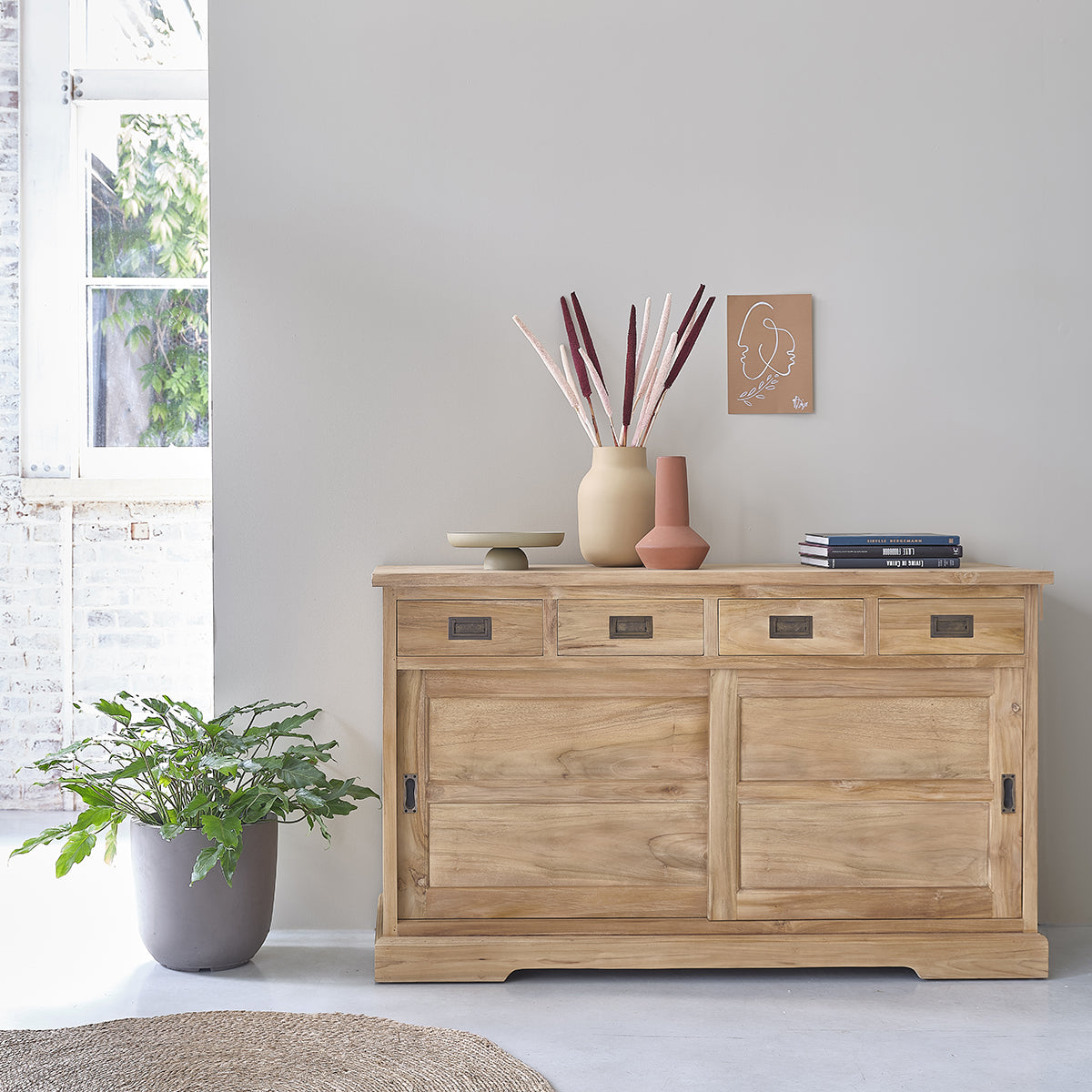 Berah Getah Boston buffet teck 150 cm portes coulissantes