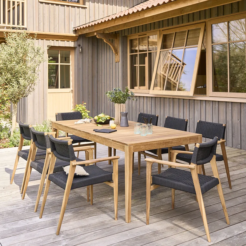 Berah Getah Esther salon de jardin teck 8 pers cordage noir