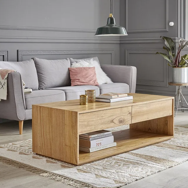 Berah Getah Tilo table basse mindi 140 cm 4 tiroirs naturel