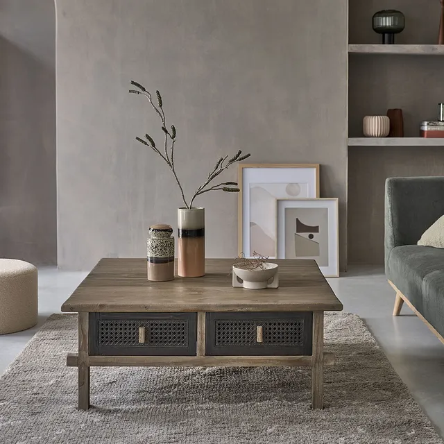 Berah Getah JUNKO table basse pin recyclé 100 cm 4 tiroirs