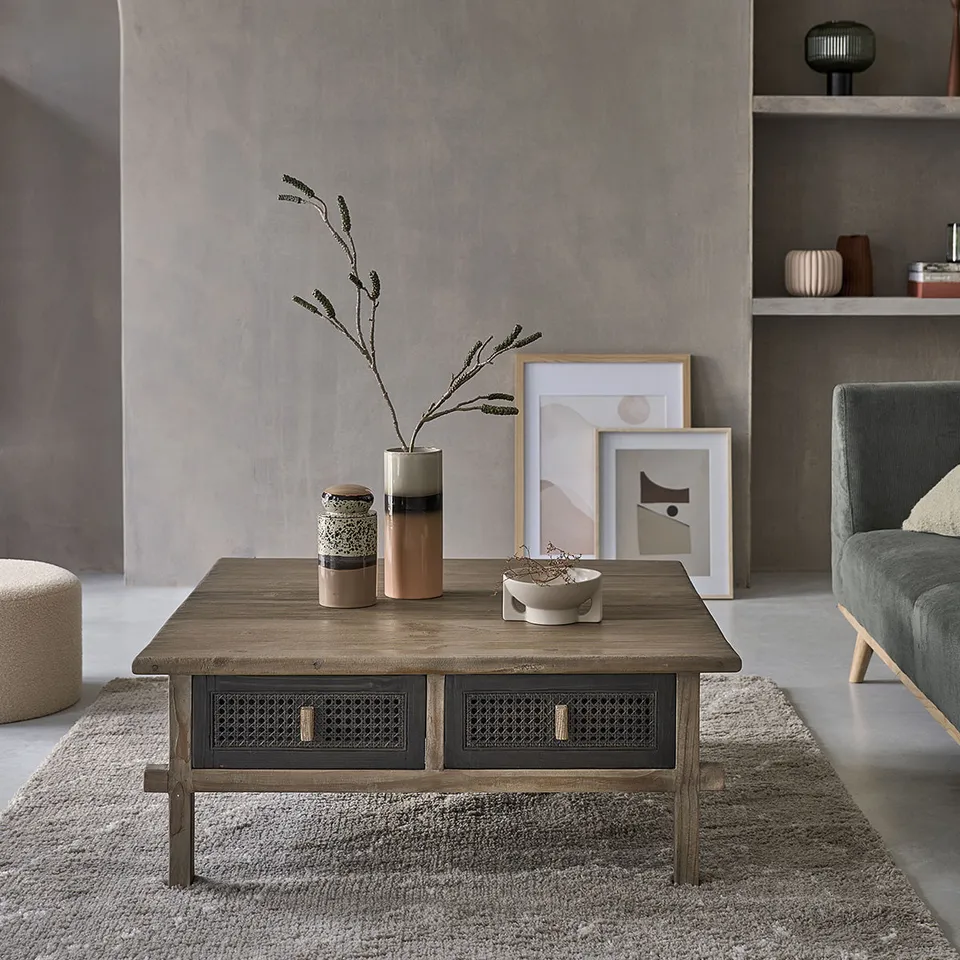 Berah Getah JUNKO table basse pin recyclé 100 cm 4 tiroirs