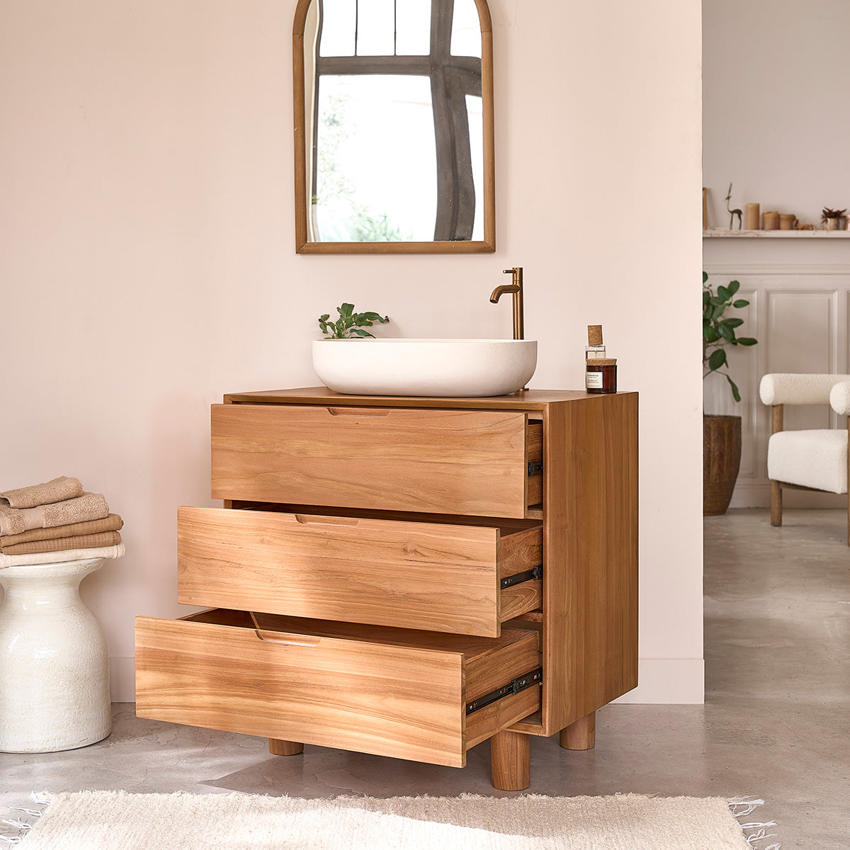 Berah Getah Gustave meuble salle de bain teck 80 cm 3 tiroirs