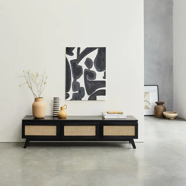 Berah Getah ISÉE meuble TV mindi cannage noir 160 cm