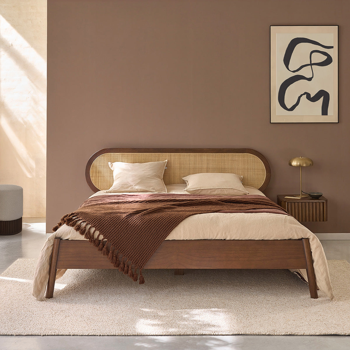 Berah Getah LILA lit bois 180 cm noyer cannage + sommier