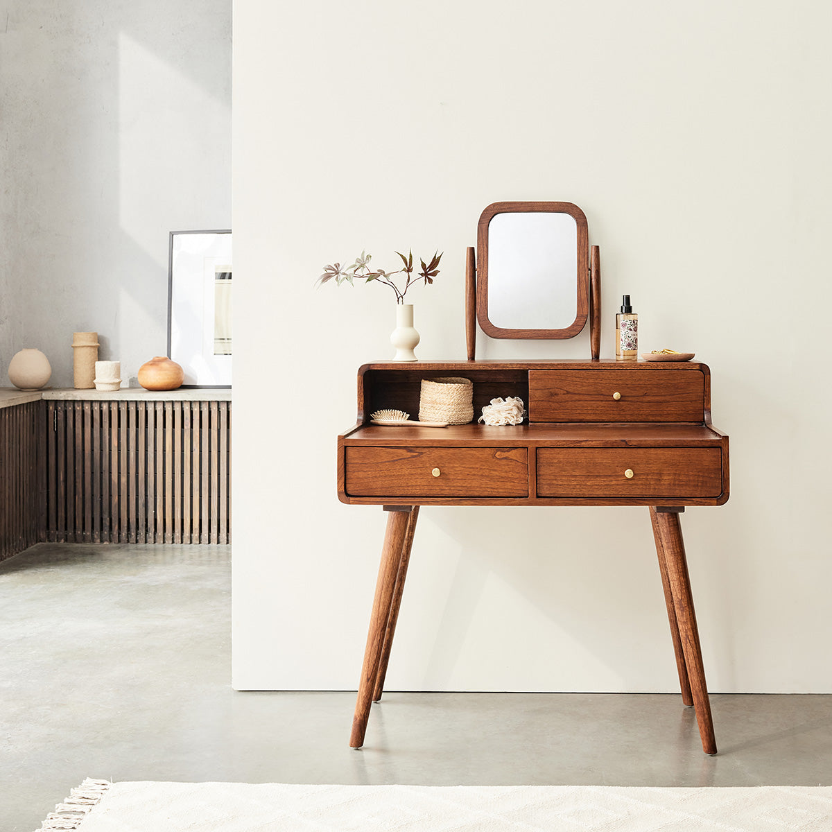 Berah Getah VINTAGE bureau mindi noyer 90 cm 3 tiroirs