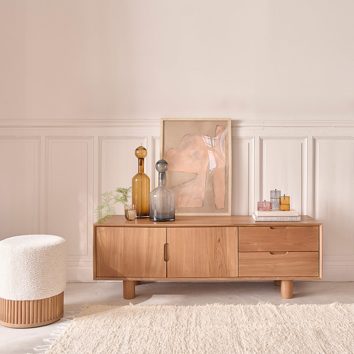Berah Getah Gustave meuble TV teck 150cm 2 portes 2 tiroirs