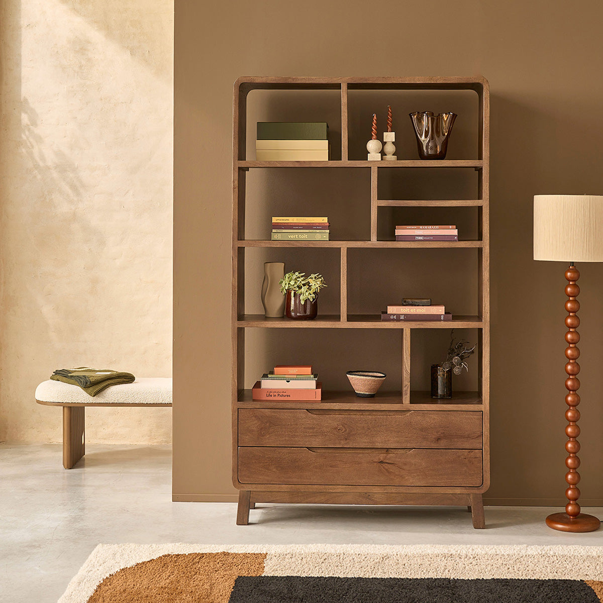 Berah Getah Nova bibliothèque manguier massif 118 cm 2 tiroirs