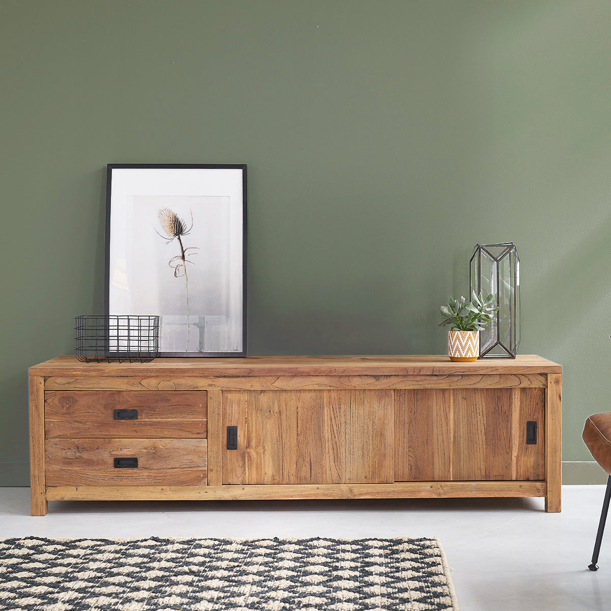 Berah Getah Cargo meuble TV teck recyclé 180 cm 2 tiroirs