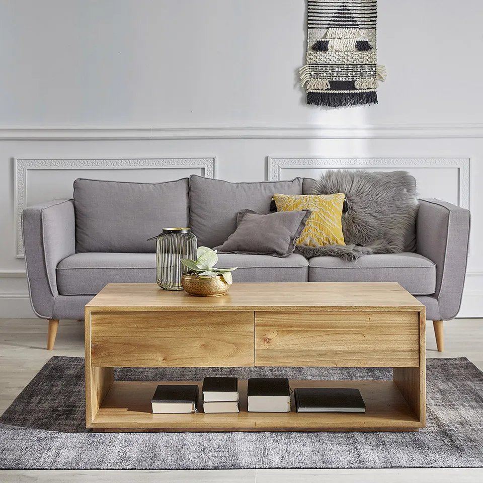 Berah Getah Tilo table basse mindi 120 cm 2 tiroirs