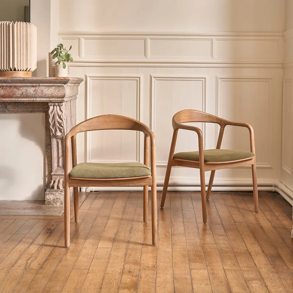 Berah Getah Ambre chaise teck velours côtelé kaki lot de 2