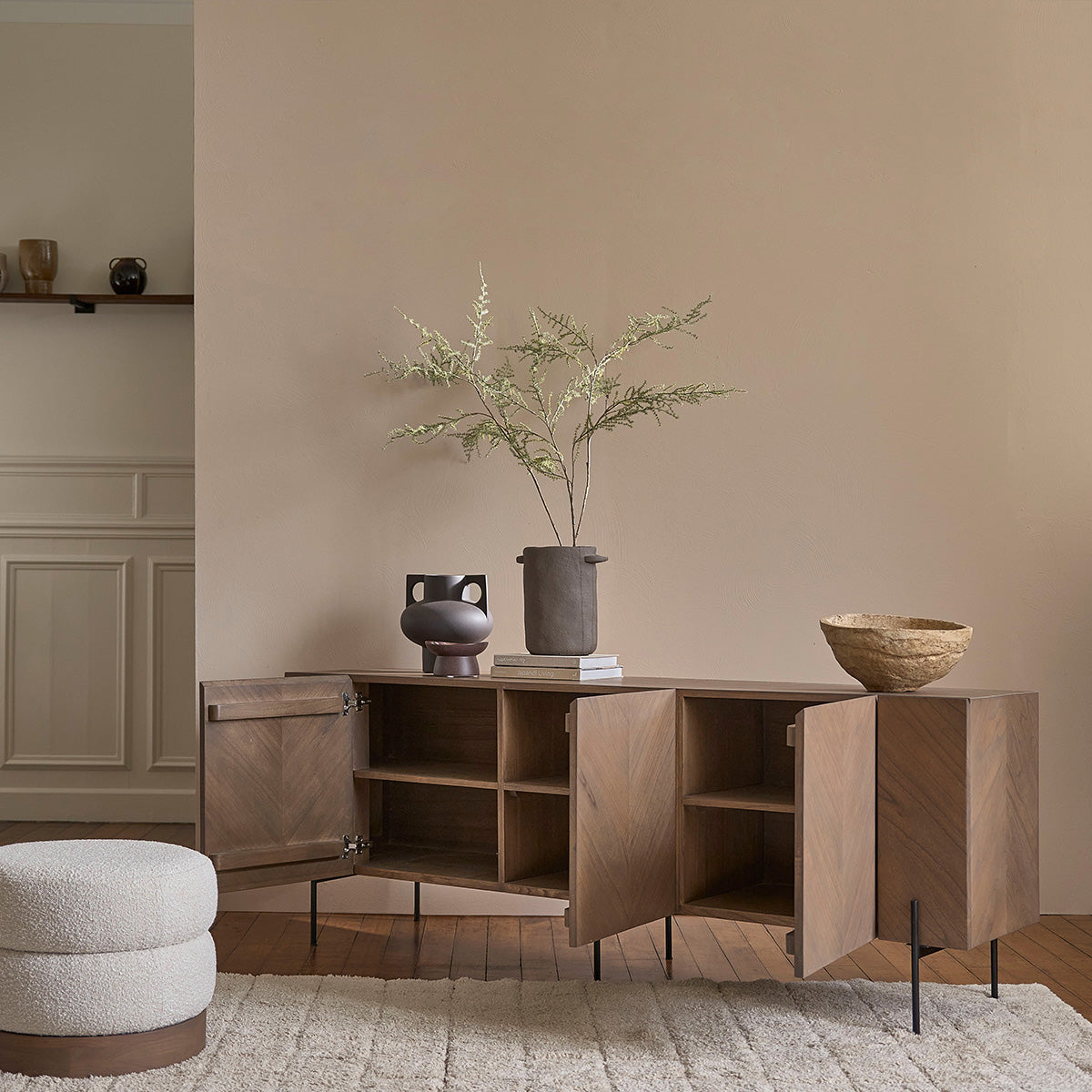Berah Getah Calix buffet mindi métal noyer 200 cm 3 portes