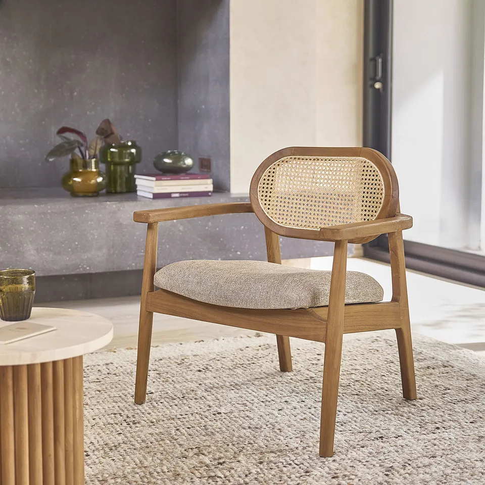 Berah Getah Sabi fauteuil teck cannage velours grège